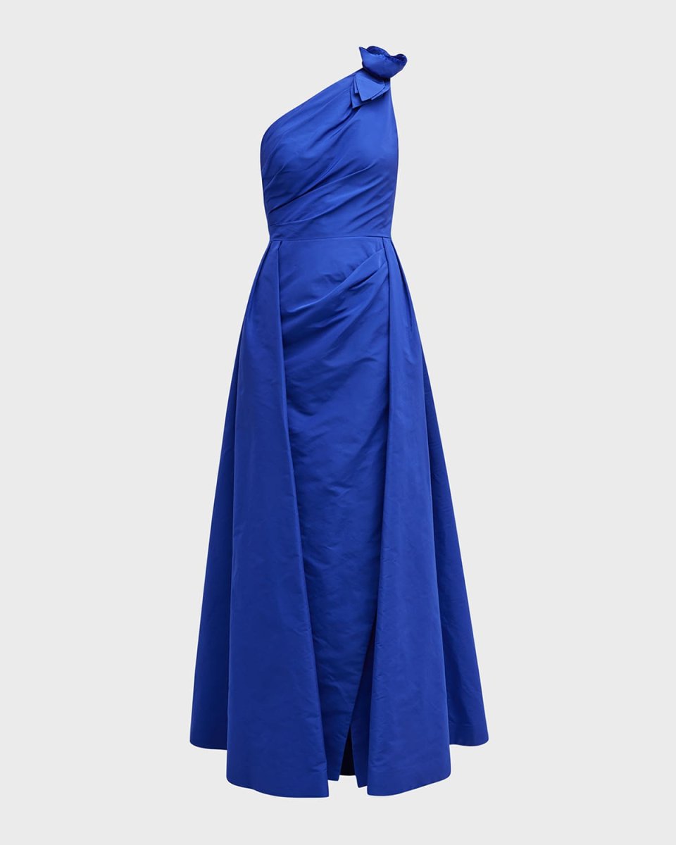 Pleated One-Shoulder A-Line Gown